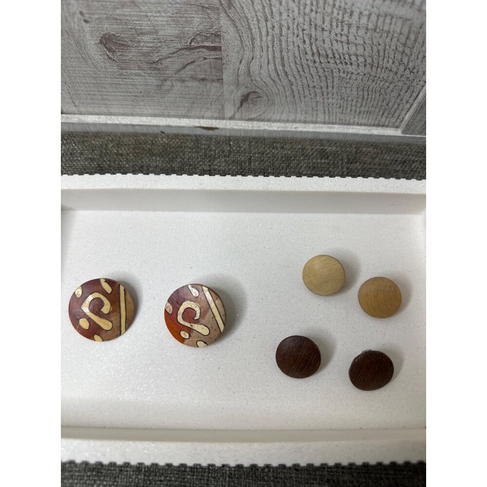 Vintage Clip-On Earrings Set Of 3 Wooden Tribal & Modern Designs Round Shape